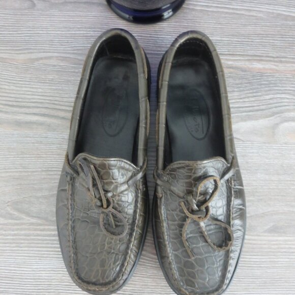 Talbots Leather GROMMUS Olive Army Green Croc Reptile Loafers Size 5 - Picture 2 of 14